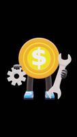 3D Money Coin Character Holding Wrench And Gear For Maintenance And Technical Support Suitable For Business And Technical Concepts. Transparent Background. Alpha Background. Looping Animation. video