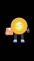 3D Money Coin Character Holding Delivery Box Suitable For Courier Services And Shipping Logistics. Transparent Background. Alpha Background. Looping Animation. video
