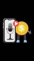 3D Money Coin Character Showing Podcast Application Suitable For Digital Media And Broadcasting Concepts. Transparent Background. Alpha Background. Looping Animation. video