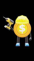 3D Money Coin Character Holding A Power Drill Suitable For Construction And Repair Themes. Transparent Background. Alpha Background. Looping Animation. video