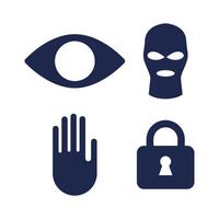 set of four simple, dark icons representing the concepts of surveillance, crime, protection, and security. vector
