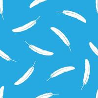 Seamless pattern features white feather silhouettes scattered across a vibrant blue background, creating a simple yet elegant design. vector