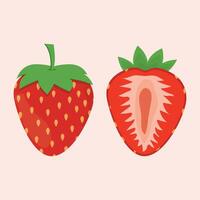 Whole red strawberry and a halved strawberry with visible seeds and green leaves. vector