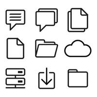 set of nine simple line icons representing various digital file management and communication concepts. vector