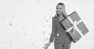 woman shows somethng new and interesting on the white background video