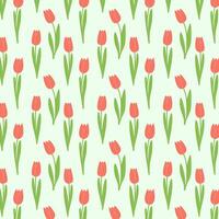 Spring pattern with tulipes, hand drawing flowers with leaves, on soft green background. Spring garden. vector