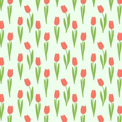 Spring pattern with tulipes, hand drawing flowers with leaves, on soft green background. Spring garden.