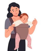 Mom with daughter in a sling.Mum holding newborn child, infant in comfortable carrier, walking. vector