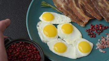A hearty, delicious breakfast with fried eggs, bacon and tomatoes with salt, spices and herbs video