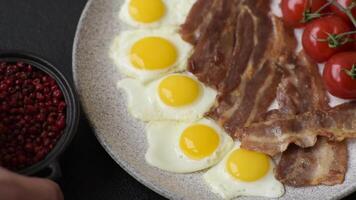 A hearty, delicious breakfast with fried eggs, bacon and tomatoes with salt, spices and herbs video