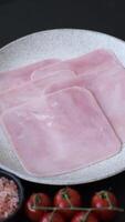 Ham cut into square slices for making delicious nutritious sandwiches for a hearty breakfast video