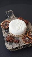 Sweet round tart with berry filling, covered with white chocolate with a Christmas pattern video