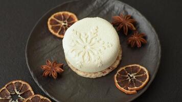 Sweet round tart with berry filling, covered with white chocolate with a Christmas pattern video