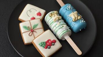 Natural popsicle ice cream on a stick covered with chocolate in the style and colors of Christmas and New Year on a dark concrete background video