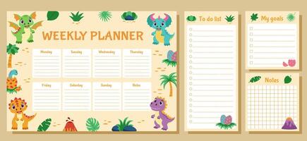 Dinosaur concept. Weekly planner, to do list, goals and notes. Set with dinosaurs and tropical plants. vector