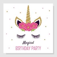 Unicorn birthday party invitation, greeting card. Invitation with unicorn elements and roses. vector