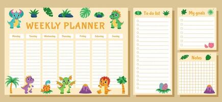Dinosaur set of weekly planner, to do list, goals and notes. Set with dinosaurs and tropical plants. vector