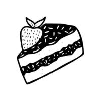 A black and white drawing of a piece of cake with strawberries vector