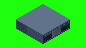 Isometric server animation. Server racks. Server boxes isolated. Network server room. Computer network technology. 4K animated in isometric style video