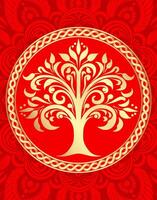 3d gold tree on ornamental red background vector