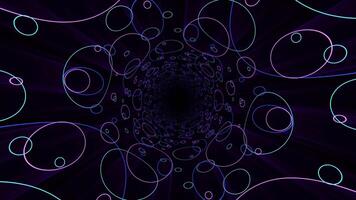 Looped background with endless tunnel made of neon colored round shapes and smooth motion effect. Abstract corridor with blue, purple and green elements for nightclub or music festival. Loop 4K 60fps video