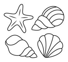 Set of sea shells. Outline Doodle illustration for colouring pages. Editable Stroke. Ocean and sea. Sketches of various mollusks sea shells in different shapes. vector