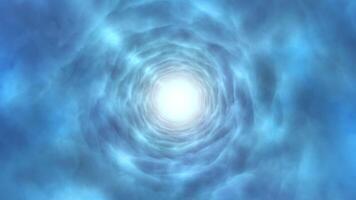 Flight throught bright blue glowing fantasy cloudy tunnel. Energy twist rotating cloudscape heaven gateway or shiny nebula portal. Turbulent magic air swirl. 4k 60fps looped graphic. video