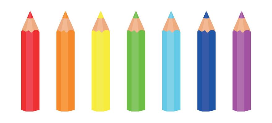 Set of coloured pencils. 7 bright rainbow colours. Back to school. Office supplies. Art supplies.