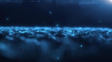 Blue glowing magic energy wave with blur effect from digital particles and dots bright shiny on a dark blue abstract background. futuristic sci fi concept. 4k 60fps looped graphic. video