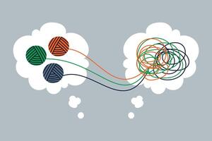 Psychologist unravelling three tangle of tangled thoughts. Tangled colorful jangle, Tangled thoughts. Speech bubbles. Counselling, therapy, psychology, support concept. Chaos and order vector