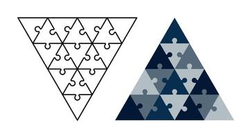 Outline Triangle puzzle pieces. Pyramid made of blue triangular puzzle pieces. Creativity, inspiration, logical thinking. vector