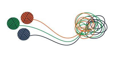Three colorful tangles chaotically tangled together. Chaos and order. Tangled jangle, Tangled thoughts. Counselling, psychology, support concept. Coaching, mentoring or psychotherapy. Problem solving. vector
