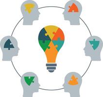 Teamwork. Collaborative search for the right solution. Business team solves problem by connecting puzzle in the form of a light bulb. Teamwork, partnership, business solution concept. vector