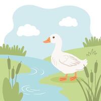Cute little duck on the river bank in a meadow with flowers. Spring illustration for children, postcard vector
