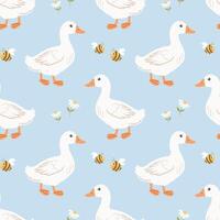 Seamless pattern with cute ducklings, bees and daisies on a light background. Background for children's clothing. Print vector