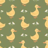 Seamless pattern with cute ducklings and daisies on a white background. Background for clothes. Print vector