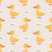 Seamless pattern with cute ducklings and daisies on a white background. Background. Print vector