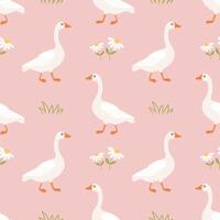 Seamless pattern with cute geese and daisies on a pink background. Background for children's clothing. Print vector