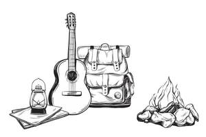 Tourist composition with Backpack and Guitar. Hiking lamp and different white black books in a linear style. Map illustration in linear drawing style. Hand drawn of camping adventure with Fire. vector