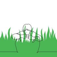 man sits in ambush in the bushes squatting - one line art. concept surveillance, hide vector