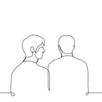 men standing next to each other, one of them looking at the other while the first one doesn't see - one line art. concept admiration, peeping, authority, spy, friend, observation vector