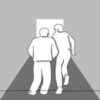 men climb stairs, back view - one line art. concept escape, climb up, career ladder vector