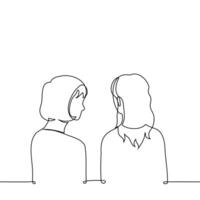 women standing next to each other, one of them looking at the other while the first one doesn't see - one line art. concept admiration, peeping, authority, spy, friend, observation, crash vector