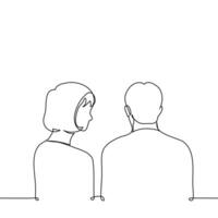 woman looks at man while she doesn't see - one line art. concept female gaze, admiration, peeping, authority, spy, crash, observation vector