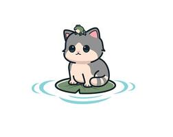 Cute cat and frog are on lotus leaf vector