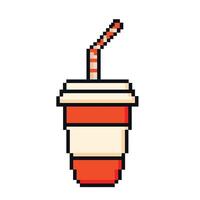Pixel art orange and white soda cup with striped straw isolated on white background. Vintage game assets 8-bit sprite. 80s-90s, digital vintage game style. vector