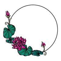 Round frame with lotus flowers. illustration in sketch style. vector