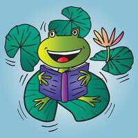 Frog reading a book on a lotus leaf. vector