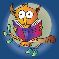 Cartoon owl reading a book on a tree branch vector