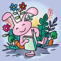 Easter bunny reading a book in the garden with flowers. vector